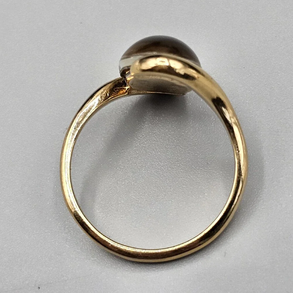 18k Yellow Gold Plated Smoky Quartz Ring Bypass Swoop Band Oval Cabochon Size 9 - Picture 6 of 10
